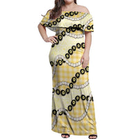 Yellow Palaka Hawaii Off Shoulder Maxi Dress Kukui Nut Pikake Lei Hawaiian Tapa Pattern LT14 Women Yellow - Polynesian Pride
