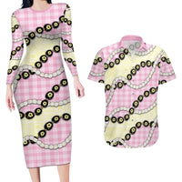 Pink Palaka Hawaii Couples Matching Long Sleeve Bodycon Dress and Hawaiian Shirt Kukui Nut Pikake Lei Hawaiian Tapa Pattern - Polynesian Pride