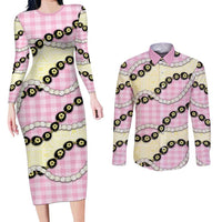Pink Palaka Hawaii Couples Matching Long Sleeve Bodycon Dress and Long Sleeve Button Shirt Kukui Nut Pikake Lei Hawaiian Tapa Pattern - Polynesian Pride
