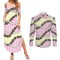 Pink Palaka Hawaii Couples Matching Summer Maxi Dress and Long Sleeve Button Shirt Kukui Nut Pikake Lei Hawaiian Tapa Pattern - Polynesian Pride