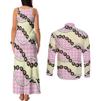 Pink Palaka Hawaii Couples Matching Tank Maxi Dress and Long Sleeve Button Shirt Kukui Nut Pikake Lei Hawaiian Tapa Pattern LT14 - Polynesian Pride