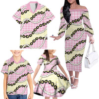 Pink Palaka Hawaii Family Matching Off The Shoulder Long Sleeve Dress and Hawaiian Shirt Kukui Nut Pikake Lei Hawaiian Tapa Pattern LT14 - Polynesian Pride