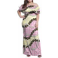 Pink Palaka Hawaii Family Matching Off Shoulder Maxi Dress and Hawaiian Shirt Kukui Nut Pikake Lei Hawaiian Tapa Pattern LT14 Mom's Dress Pink - Polynesian Pride
