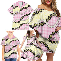 Pink Palaka Hawaii Family Matching Off Shoulder Short Dress and Hawaiian Shirt Kukui Nut Pikake Lei Hawaiian Tapa Pattern LT14 - Polynesian Pride