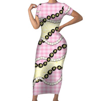 Pink Palaka Hawaii Family Matching Short Sleeve Bodycon Dress and Hawaiian Shirt Kukui Nut Pikake Lei Hawaiian Tapa Pattern LT14 Mom's Dress Pink - Polynesian Pride