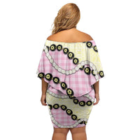 Pink Palaka Hawaii Off Shoulder Short Dress Kukui Nut Pikake Lei Hawaiian Tapa Pattern - Polynesian Pride