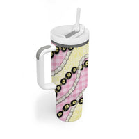 Pink Palaka Hawaii Tumbler With Handle Kukui Nut Pikake Lei Hawaiian Tapa Pattern - Polynesian Pride