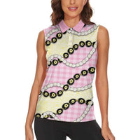 Pink Palaka Hawaii Women Sleeveless Polo Shirt Kukui Nut Pikake Lei Hawaiian Tapa Pattern - Polynesian Pride