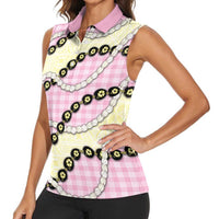 Pink Palaka Hawaii Women Sleeveless Polo Shirt Kukui Nut Pikake Lei Hawaiian Tapa Pattern - Polynesian Pride