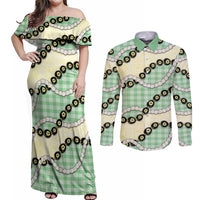 Green Palaka Hawaii Couples Matching Off Shoulder Maxi Dress and Long Sleeve Button Shirt Kukui Nut Pikake Lei Hawaiian Tapa Pattern LT14 Green - Polynesian Pride