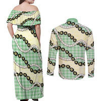Green Palaka Hawaii Couples Matching Off Shoulder Maxi Dress and Long Sleeve Button Shirt Kukui Nut Pikake Lei Hawaiian Tapa Pattern LT14 - Polynesian Pride