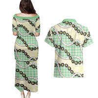 Green Palaka Hawaii Couples Matching Puletasi and Hawaiian Shirt Kukui Nut Pikake Lei Hawaiian Tapa Pattern - Polynesian Pride