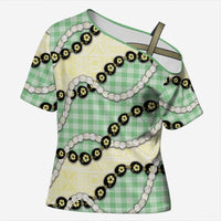 Green Palaka Hawaii Cross Shoulder Shirt Kukui Nut Pikake Lei Hawaiian Tapa Pattern - Polynesian Pride