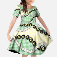 Green Palaka Hawaii Family Matching Long Sleeve Bodycon Dress and Hawaiian Shirt Kukui Nut Pikake Lei Hawaiian Tapa Pattern LT14 Daughter's Dress Green - Polynesian Pride