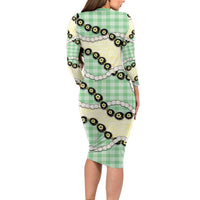 Green Palaka Hawaii Family Matching Long Sleeve Bodycon Dress and Hawaiian Shirt Kukui Nut Pikake Lei Hawaiian Tapa Pattern LT14 - Polynesian Pride