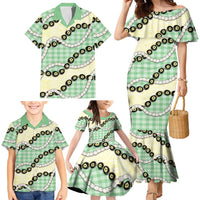 Green Palaka Hawaii Family Matching Mermaid Dress and Hawaiian Shirt Kukui Nut Pikake Lei Hawaiian Tapa Pattern LT14 - Polynesian Pride