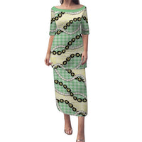 Green Palaka Hawaii Family Matching Puletasi and Hawaiian Shirt Kukui Nut Pikake Lei Hawaiian Tapa Pattern - Polynesian Pride