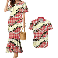 Red Palaka Hawaii Couples Matching Mermaid Dress and Hawaiian Shirt Kukui Nut Pikake Lei Hawaiian Tapa Pattern - Polynesian Pride