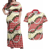 Red Palaka Hawaii Couples Matching Off Shoulder Maxi Dress and Hawaiian Shirt Kukui Nut Pikake Lei Hawaiian Tapa Pattern - Polynesian Pride