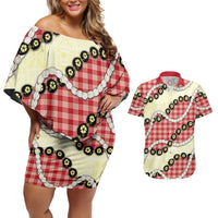 Red Palaka Hawaii Couples Matching Off Shoulder Short Dress and Hawaiian Shirt Kukui Nut Pikake Lei Hawaiian Tapa Pattern - Polynesian Pride