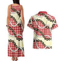 Red Palaka Hawaii Couples Matching Tank Maxi Dress and Hawaiian Shirt Kukui Nut Pikake Lei Hawaiian Tapa Pattern - Polynesian Pride