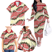 Red Palaka Hawaii Family Matching Off The Shoulder Long Sleeve Dress and Hawaiian Shirt Kukui Nut Pikake Lei Hawaiian Tapa Pattern LT14 - Polynesian Pride