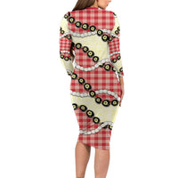Red Palaka Hawaii Long Sleeve Bodycon Dress Kukui Nut Pikake Lei Hawaiian Tapa Pattern LT14 - Polynesian Pride