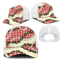 Red Palaka Hawaii Mesh Trucker Cap Kukui Nut Pikake Lei Hawaiian Tapa Pattern - Polynesian Pride