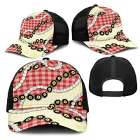 Red Palaka Hawaii Mesh Trucker Cap Kukui Nut Pikake Lei Hawaiian Tapa Pattern - Polynesian Pride