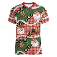 Cowboy Hawaii Mele Kalikimaka Women V-Neck T-Shirt Paniolo Kukui Nut Pikake Lei Red Version - Polynesian Pride