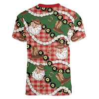 Cowboy Hawaii Mele Kalikimaka Women V-Neck T-Shirt Paniolo Kukui Nut Pikake Lei Red Version - Polynesian Pride