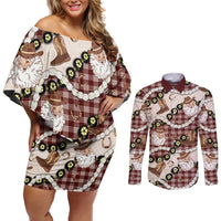 Cowboy Hawaii Mele Kalikimaka Couples Matching Off Shoulder Short Dress and Long Sleeve Button Shirt Paniolo Kukui Nut Pikake Lei Burgundy Version LT14 Burgundy - Polynesian Pride