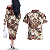 Cowboy Hawaii Mele Kalikimaka Couples Matching Off The Shoulder Long Sleeve Dress and Hawaiian Shirt Paniolo Kukui Nut Pikake Lei Burgundy Version LT14 - Polynesian Pride