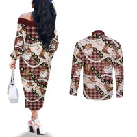 Cowboy Hawaii Mele Kalikimaka Couples Matching Off The Shoulder Long Sleeve Dress and Long Sleeve Button Shirt Paniolo Kukui Nut Pikake Lei Burgundy Version LT14 - Polynesian Pride