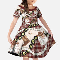 Cowboy Hawaii Mele Kalikimaka Family Matching Off The Shoulder Long Sleeve Dress and Hawaiian Shirt Paniolo Kukui Nut Pikake Lei Burgundy Version LT14 Daughter's Dress Burgundy - Polynesian Pride