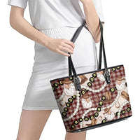 Cowboy Hawaii Mele Kalikimaka Leather Tote Bag Paniolo Kukui Nut Pikake Lei Burgundy Version - Polynesian Pride