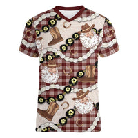 Cowboy Hawaii Mele Kalikimaka Women V-Neck T-Shirt Paniolo Kukui Nut Pikake Lei Burgundy Version LT14 Female Burgundy - Polynesian Pride
