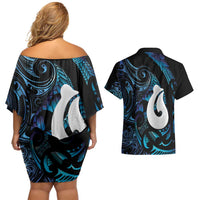 Hei Matau New Zealand Matariki Couples Matching Off Shoulder Short Dress and Hawaiian Shirt NZ Fish Hook Maori Art LT14 - Polynesian Pride