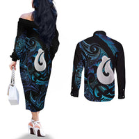Hei Matau New Zealand Matariki Couples Matching Off The Shoulder Long Sleeve Dress and Long Sleeve Button Shirt NZ Fish Hook Maori Art LT14 - Polynesian Pride