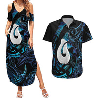 Hei Matau New Zealand Matariki Couples Matching Summer Maxi Dress and Hawaiian Shirt NZ Fish Hook Maori Art LT14 Purple - Polynesian Pride