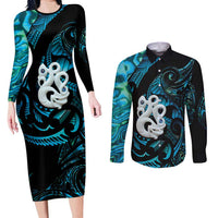 Manaia New Zealand Matariki Couples Matching Long Sleeve Bodycon Dress and Long Sleeve Button Shirt NZ Paua Shell Maori Art LT14 Turquoise - Polynesian Pride
