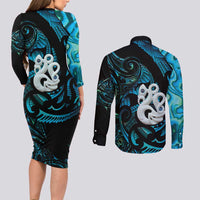 Manaia New Zealand Matariki Couples Matching Long Sleeve Bodycon Dress and Long Sleeve Button Shirt NZ Paua Shell Maori Art LT14 - Polynesian Pride