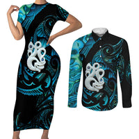 Manaia New Zealand Matariki Couples Matching Short Sleeve Bodycon Dress and Long Sleeve Button Shirt NZ Paua Shell Maori Art LT14 Turquoise - Polynesian Pride