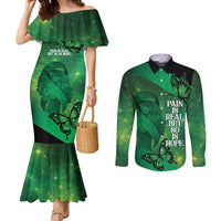 Personalised World Mental Health Awareness Month Couples Matching Mermaid Dress and Long Sleeve Button Shirt Warriors Brave Strong Galaxy Vibes LT14 Green - Polynesian Pride