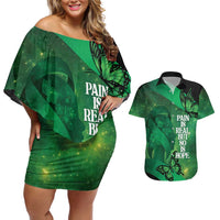Personalised World Mental Health Awareness Month Couples Matching Off Shoulder Short Dress and Hawaiian Shirt Warriors Brave Strong Galaxy Vibes LT14 Green - Polynesian Pride