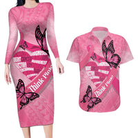 Polynesia Breast Cancer Awareness Month Couples Matching Long Sleeve Bodycon Dress and Hawaiian Shirt Pink Ribbon Mix Butterflies LT14 Pink - Polynesian Pride