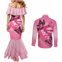 Polynesia Breast Cancer Awareness Month Couples Matching Mermaid Dress and Long Sleeve Button Shirt Pink Ribbon Mix Butterflies LT14 - Polynesian Pride