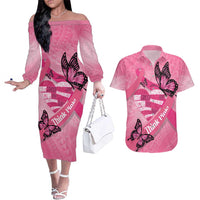 Polynesia Breast Cancer Awareness Month Couples Matching Off The Shoulder Long Sleeve Dress and Hawaiian Shirt Pink Ribbon Mix Butterflies LT14 Pink - Polynesian Pride