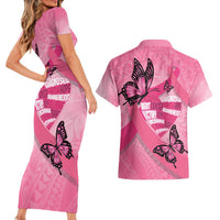 Polynesia Breast Cancer Awareness Month Couples Matching Short Sleeve Bodycon Dress and Hawaiian Shirt Pink Ribbon Mix Butterflies LT14 - Polynesian Pride
