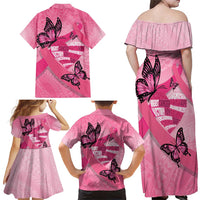 Polynesia Breast Cancer Awareness Month Family Matching Off Shoulder Maxi Dress and Hawaiian Shirt Pink Ribbon Mix Butterflies LT14 - Polynesian Pride